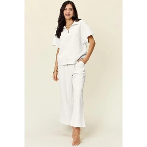 I am a Fashion Junky Double Take Full Size Texture Half Zip Short Sleeve Top and Pants Set - 1 of 4