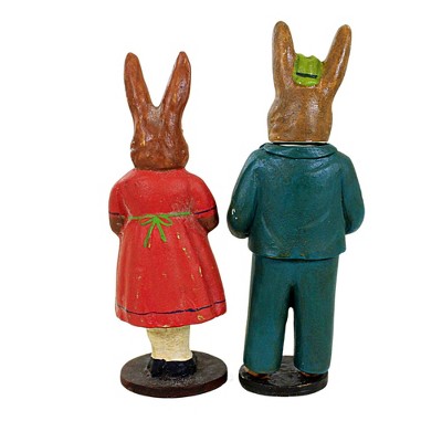 Vintage-Inspired Resin Rabbit Couple Figurines in Red and Blue