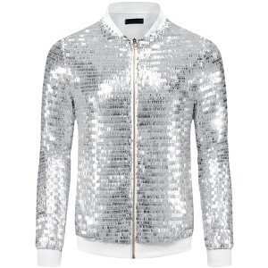 INSPIRE CHIC Men's Zipper Festival Disco Sparkly Sequin Baseball Bomber Jacket - 1 of 4