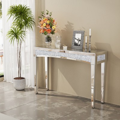 Artloge 47.2In Long Mirrored Entryway Table with Crushed Diamond Silver Vanity Table