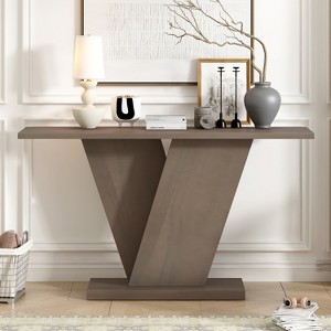 VYNXARIA Console Table with Natural Wood Veneer,V-Base Design for Classic Versatility ,Perfect for Displaying Your Favorite Items,Taupe - 1 of 4