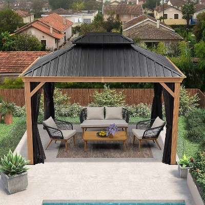 PURPLE LEAF Outdoor Hardtop Gazebo for Patio Galvanized Steel Double Roof Permanent Canopy Teak Finish Aluminum Frame Pavilion Gazebo with Netting