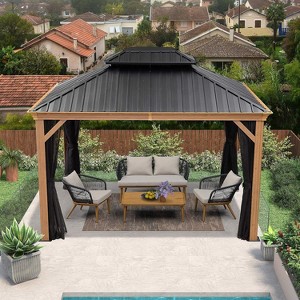 PURPLE LEAF Outdoor Hardtop Gazebo for Patio Galvanized Steel Double Roof Permanent Canopy Teak Finish Aluminum Frame Pavilion Gazebo with Netting - 1 of 4