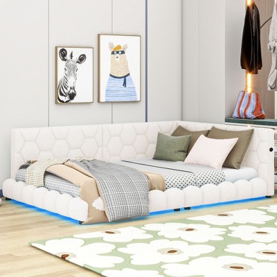 NicBex Full Size Platform Bed 81.5" L Modern Wooden Bed Frame with Headboard, Cushions, LED and 2 Ports for Bedroom, No Box Spring Required, White