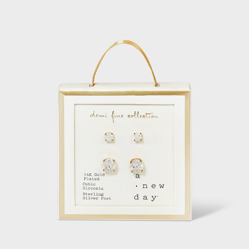 14K Gold Plated Cubic Zirconia Duo Stud Earring Set 2pc - A New Day&#8482; Gold, 4 of 5