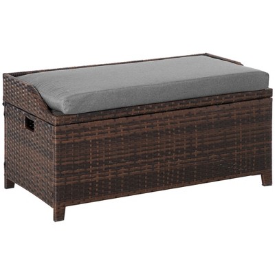 Outsunny Storage Bench Rattan Wicker Garden Deck Box Bin with Interior Waterproof Cloth Bag and Comfortable Cushion