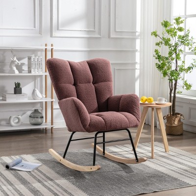 Image of Indoor Rocking Chair Wingback Arm Chair Tufted Upholstered Teddy Fabric Nursery Room Rocking Chair With Solid Wood Base-Maison Boucle
