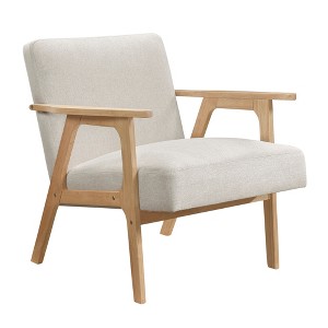 Fabric Upholstery Solid Rubberwood Contemporary Wood-Arm Accent Chair with Dacron Foam Seat, Attached Cushions and Natural Finish Frame - 1 of 4
