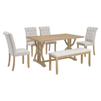 NicBex 6-Piece Dining Room Set,Modern 59.8 Inch Kitchen Table Set with 4 Dining Chairs & Bench,Tufted Button Back & Wood Legs
