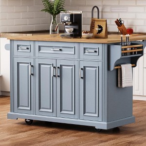 Zeus & Ruta 54'' Large Kitchen Island with Rubber Wood Drop Leaf, Rolling Cart with Embossed Texture, 4 Wheels, 4 Doors & 3 Drawers - 1 of 4