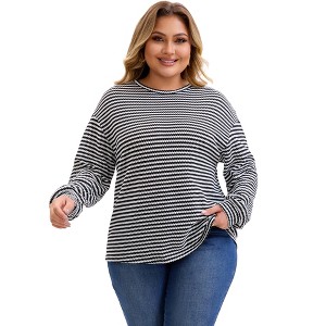 Women's Plus Size Striped Crew Neck Long Sleeve Elastic Cuffs Casual Blouses - Agnes Orinda - 1 of 4