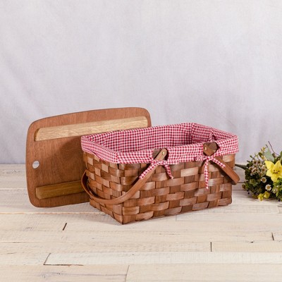 Kansas Large Handwoven Wood Picnic Basket with Red and White Gingham Pattern