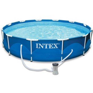 Intex 12ft x 30in Metal Frame Above Ground Round Family Swimming Pool Set & Pump - 1 of 4