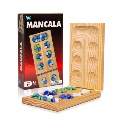 Point Games Solid Pine Mancala - Folding Board Game with Blue, Green, White Marbles- Portable Strategy Travel Game - Recommended Ages 6+
