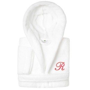 Personalized Linum Kids 100% Polyester SUPER PLUSH Double Brushed Hooded Bathrobe in Pink Script Font - 1 of 3