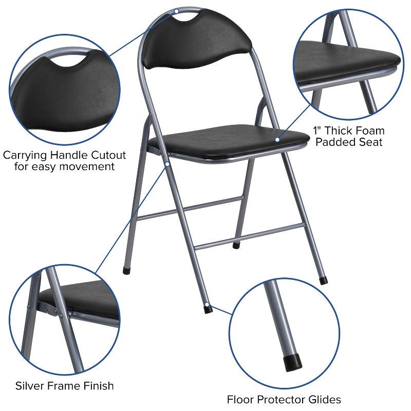 Emma and Oliver 2 Pack Black Vinyl Metal Folding Chair with Carrying Handle, 3 of 11