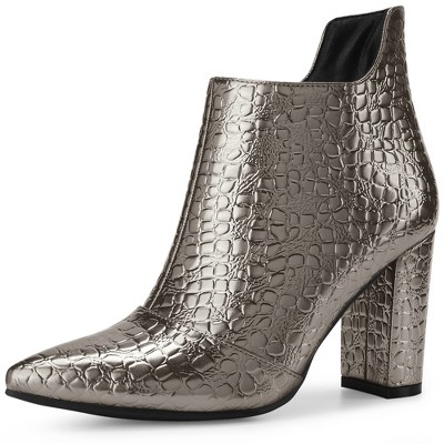 Perphy Women's Pointed Toe Stone Pattern Cutout Block Heels Ankle Booties