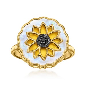 Ross-Simons Yellow Chalcedony, Mother-Of-Pearl and 0.10 ct. t.w. Black Spinel Flower Ring in 18kt Gold Over Sterling - 1 of 4