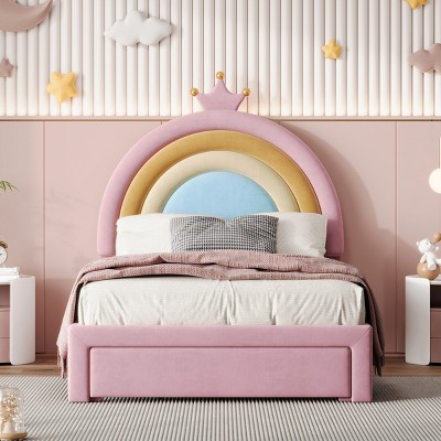 Rainbow Design Upholstered Bed with Velvet Headboard and Storage Drawers, Wooden Frame Princess Platform Bed for Teens Bedroom - Cuddlewood