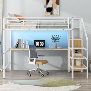 Okak Full Size Metal Bunk Bed with Desk & Storage Staircase & Safety Fence Loft Bed with Small Wardrobe & LED for Kids Teens Easy Assemble, White - 1 of 4