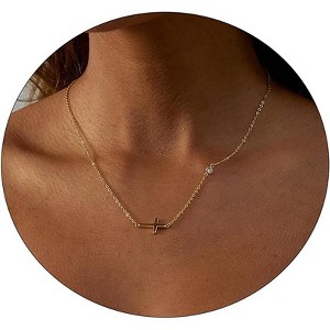 Gold Sideways Cross Necklace for Women, 14K Gold Plated Simple Everyday Choker - 1 of 4