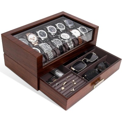 High End Watch Box for Men, 12 Slot Wooden Watch Case With Drawer, Watch Display Box with Glass Lid