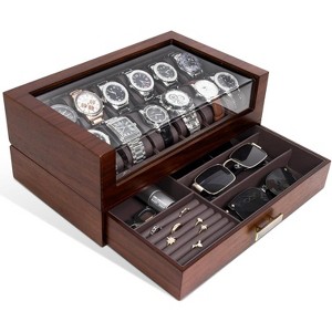 High End Watch Box for Men, 12 Slot Wooden Watch Case With Drawer, Watch Display Box with Glass Lid - 1 of 4