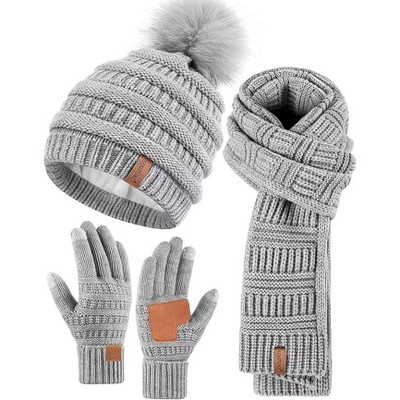 SENPUKI Womens Winter Beanie Scarf Gloves Set, Pom Pom Hat with Warm Fleece Lined Long Knit Scarf Touchscreen Gloves for Cold Weather