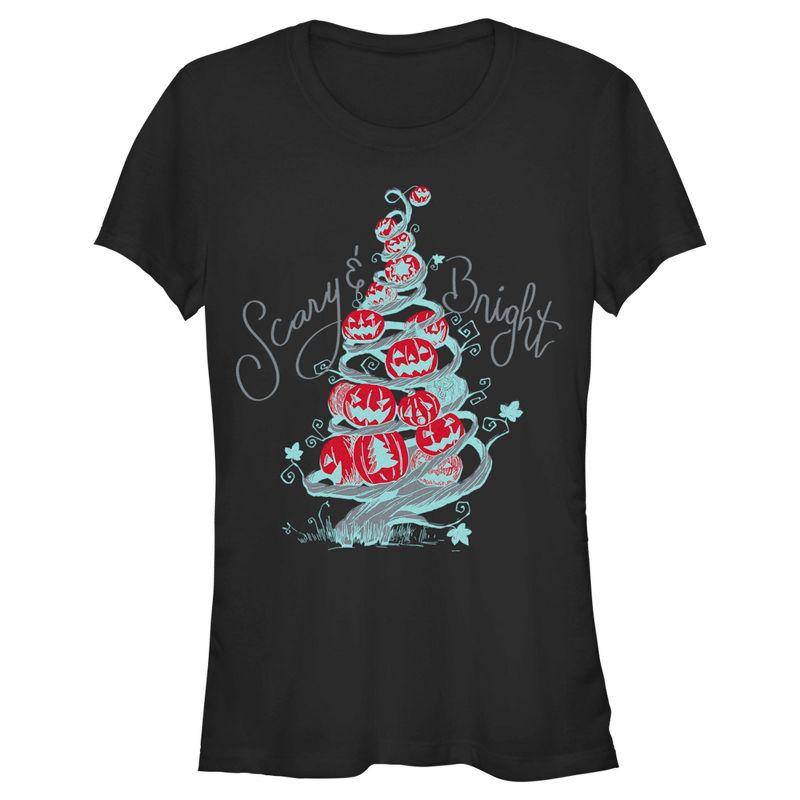 Juniors Womens The Nightmare Before Christmas Scary & Bright Tree T-Shirt, 1 of 5