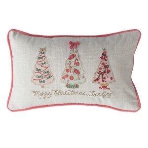 Storied Home "Merry Christmas Darling" Printed Lumbar Pillow with Christmas Trees, Embroidery, Piping and Velvet Back, Multicolor - 1 of 2