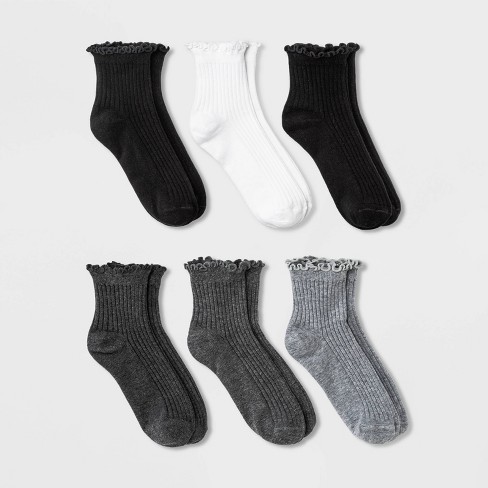 Women's 6pk Lettuce Edge Ankle Socks - A New Day™ Black/White/Gray 4-10