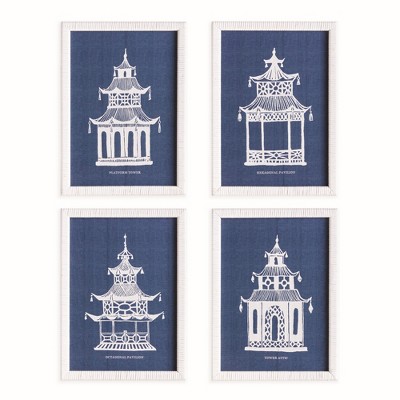 Plum & Post Traditional Pagoda Study Art Prints, Set of 4 - Blue