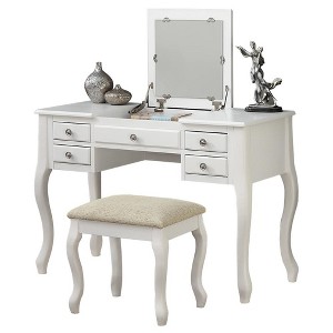 Poundex Wooden Makeup Vanity Set Desk, Mirror and Stool - 1 of 3