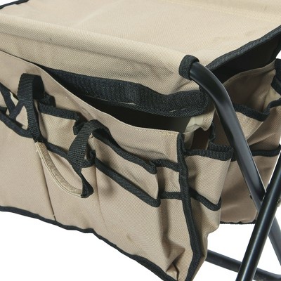 Tan Canvas and Steel Collapsible Utility Stool with Pockets