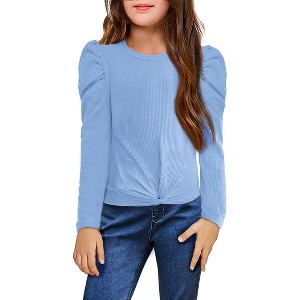 Arshiner Girls Puff Long Sleeve Shirts Twist Front Ribbed Knit T Shirt Crop Tops Tee Blouse Light Blue 9-10 Y - 1 of 4