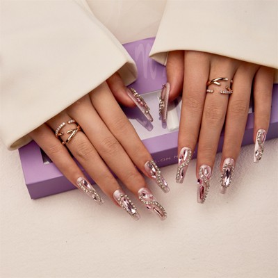YEVYO Press On Nails Long - French Rhinestone Square Bling Glossy for Women and Girls On Fake Nails - Purple - 10 Pcs