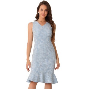 INSPIRE CHIC Women's Tweed Sleeveless V Neck Ruffles Bodycon Plaid Midi Dresses - 1 of 4