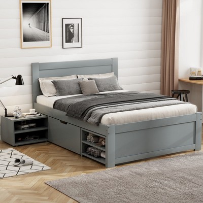 NicBex Twin/Full Bed Frame with Headboard,Platform Bed Frame with Drawer and 2 Shelves,No Box Spring Needed,Easy Assembly,Gray/White
