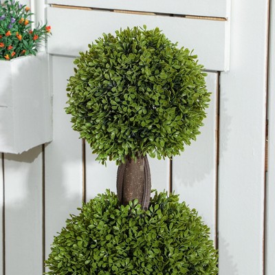Set of 2 Green Plastic Boxwood Topiary Trees in Black Pots