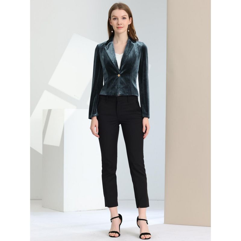 Allegra K Women's 1 Button Lapel Collar Business Office Crop Suit Velvet Blazer, 3 of 6