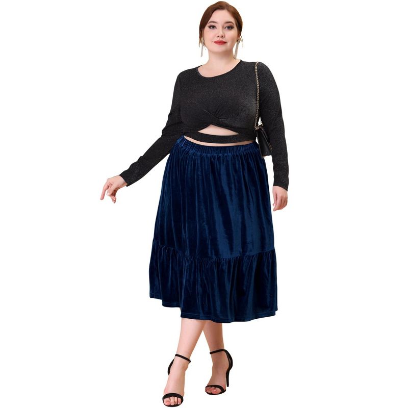 Agnes Orinda Women's Plus Size Velvet Elastic Waist Ruffle Hem Party Midi A Line Skirts, 3 of 6