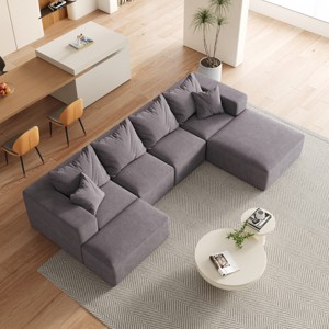 KWPZQEB 132" Sectional Boneless Couch Set, Convertible L-Shaped Cloud Couches With Pillows, 6-Seat Modern Couch Sofas with 2 Ottomans for Living Room - 1 of 4