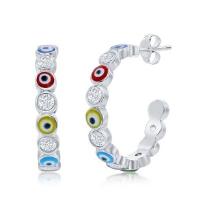 Bella Silver Sterling Silver Alternating CZ & Multi-Color Enamel Evil Eye 20mm Hoop Earrings - Multi - 1 of 2