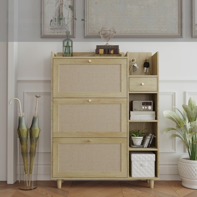 Fontoi Decorative Storage Cabinets, Storage Cabinet with 3 Rattan Flip Drawers, 3 Shelves and 1 Storage Drawer for Entryway, Brown, 9.3"*49.2"*36.6"