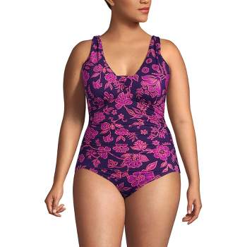 Lands' End Women's Plus Size Slendersuit Grecian Tummy Control Chlorine  Resistant One Piece Swimsuit - 24w - Navy/emerald Palm Foliage : Target