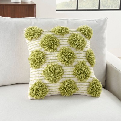 18" Square Lime Green Cotton Tufted Pom Pom Throw Pillow