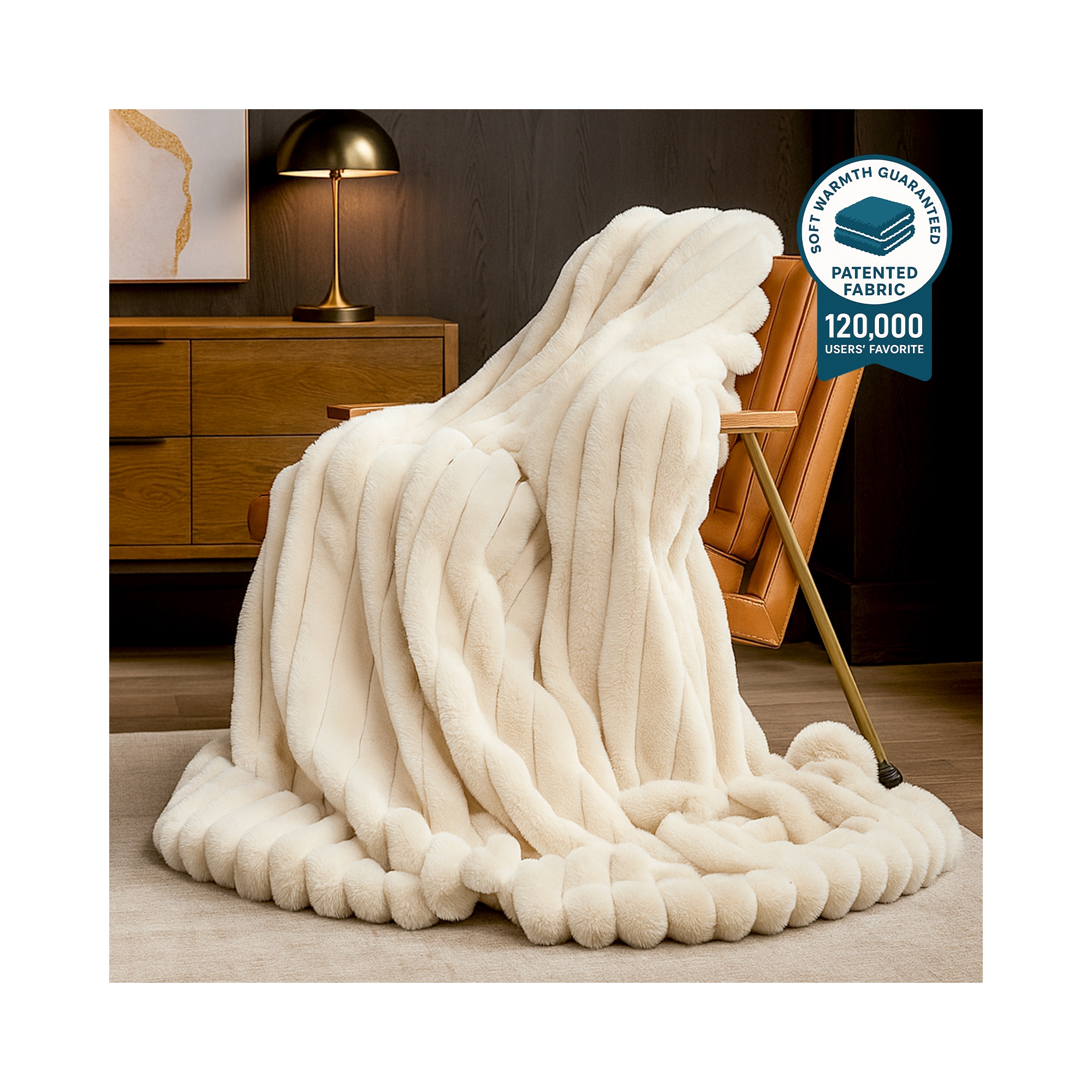 Cozy Bliss Striped Faux Fur Throw Blanket, Soft Plush Decorative Throw, Beige, 108"x90"