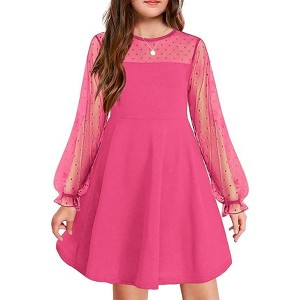 Arshiner Girl's Contrast Mesh Puff Long Sleeve High Waist A Line Short Dress with Pockets for 6-13 Years - 1 of 4