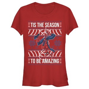 Juniors Womens Marvel Ugly Christmas Spider-Man Season T-Shirt - 1 of 3