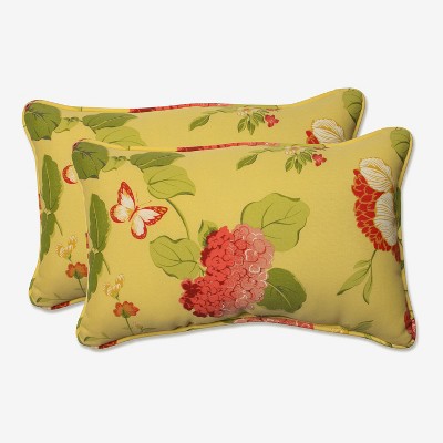 Outdoor 2-Piece Lumbar Toss Pillow Set - Yellow/Red Floral - Pillow Perfect